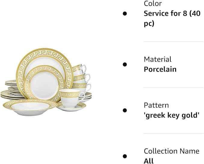 HOMEHUT 40 Pieces Vintage Gold Dinnerware and 18/10 Premium Stainless Steel Silverware Flatware Set - Greek Key Gold HQ Fine China Tableware Service for 4 People