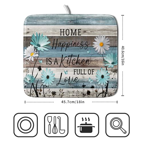 Daisy Floral Dish Drying Mat 16x18 Inches Rustic Wood Microfiber Absorbent Reversible Dish Draining Pad Fast Dry Kitchen Accessories (Home Happiness Wood / 16" x 18")