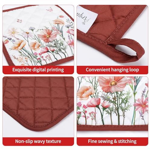Pink Floral Oven Mitts and Pot Holders Sets 4Pcs (Pink Floral / Oven Mitt x2 & Pot Holder x2)