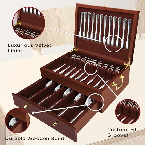 Silverware Storage Box Solid Wood with Lid (Walnut / 2 Layer)