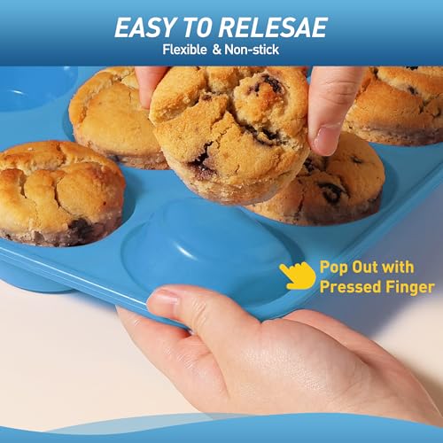 2 Pack 12 Cups Silicone Muffin Pan with Metal Reinforced Frame Regular Size Silicone Molds Cupcake Cake Baking Pans Cookie Baking Chocoflan Cupcake Mold Muffin Tin Tart Pans Necessities Cookware (2pc: 12-Cup Regular / Blue)