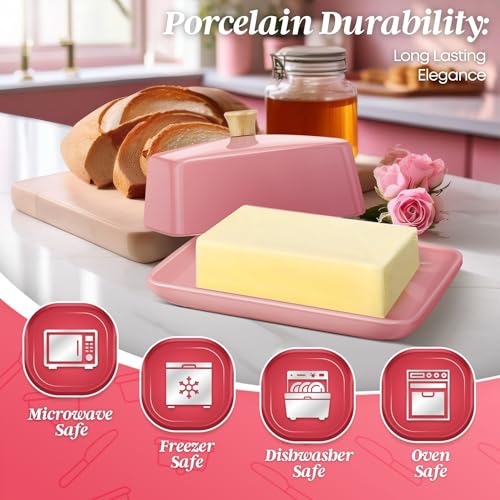 Large Ceramic Butter Dish with Lid for Countertop (Pink / Large)