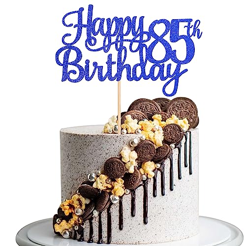 1 PCS Happy 85th Birthday Cake Topper Glitter Cheers to 85 Years Birthday Cake Pick Eighty Five 85 Fabulous Cake Decoration for Happy 85th Birthday Theme Party Decorations Supplies Blue (Blue / 85th)