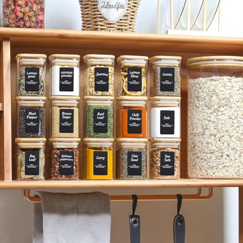 Square Glass Spice Jars with Labels 6 oz 12 Pack with Bamboo Lids (12 Count)
