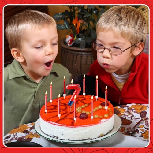 13 Pcs Spider Themed Birthday Candle Set Red Spider Theme Number 7 Candle Cake Topper for Boys Girls Birthday Decoration Spider Party Decoration Supplies (13 Count)