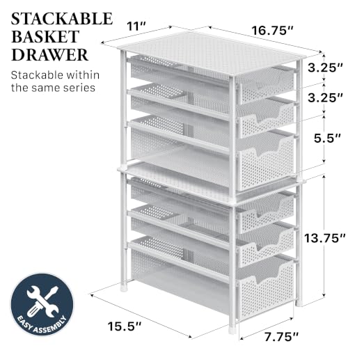 3 Tier White Alloy Steel Sliding Basket Organizer Drawer Cabinet (3-Tier / White)