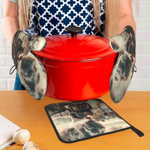 Train Travelling Oven Mitts and Pot Holders Sets of 3 Heat Resistant Oven Gloves Hot Pads Non (Train Travelling)