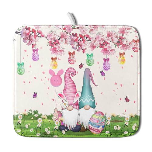 Easter Gnome Dish Drying Mat Floral Eggs Bunny Kitchen Drainer Mat 16x18 inch Absorbent Holiday Fast Dry Pad Protector for Counter Tabletop (Easter Gnome Egg / 16" x 18")