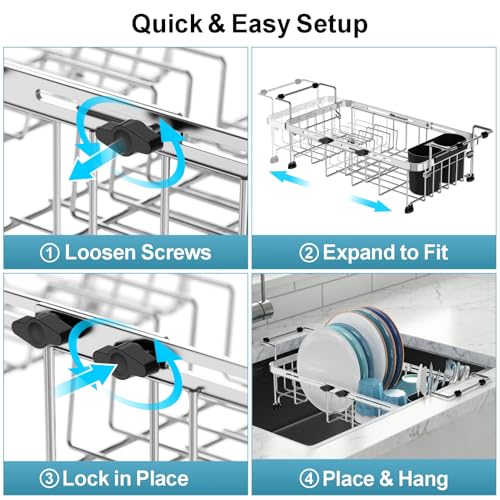 Small Over the Sink Dish Drying Rack (Silver / For 10"-30"W Sink, Expandable | 9"W Rack)