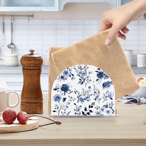 Blue White Porcelain Flower Napkin Holder for Table Paper Napkins Holder Acrylic Tissue Dispenser Kitchen Dining Room Bathroom Party Car Decor (NH065 / 4.1x4.9x1.97in)