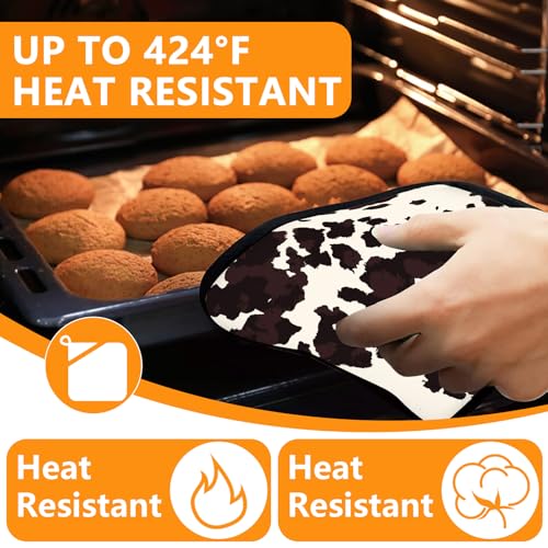 Black Cow Print Oven Mitts and Pot Holders Sets 4Pcs (Black Cowhide)