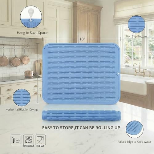 Silicone Dish Drying Mat for Multiple Usage (Light Blue / 18"L x 16"W)