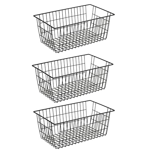 Large Freezer Baskets Metal Storage Organizer Bin Basket Wire Storage Basket for Kitchen Pantry Bathroom Large Metal Farmhouse Food Fruit Produce Organizer Bins (3-P / Black)