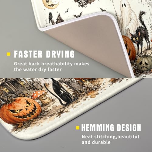 Halloween Pumpkin Ghost Dish Drying Mat Black Cat Microfiber Dishes Pad 16x18 Inch Holiday Dish Drainer Rack Mats for Kitchen Counter Sink (Pumpkin Ghost / 16x18 inch)