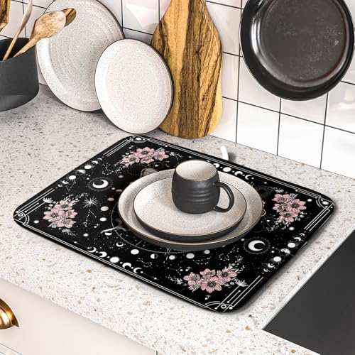 Skeleton Butterfly Dish Drying Mat Black Skull Absorbent Dish Drainer for Kitchen Counter Holiday Decor (Skeleton Butterfly Black / 18" x 16")