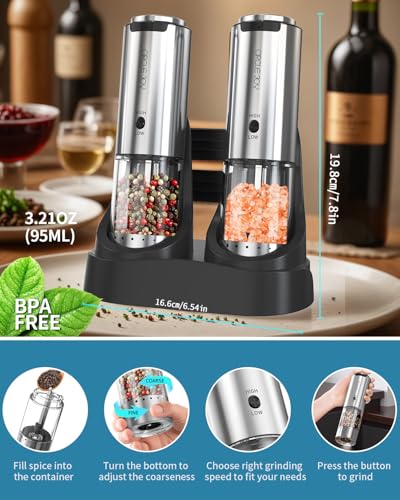 Rechargeable Salt and Pepper Grinder Set Stainless Steel Electric Pepper Grinders with Variable Grinding Speed (2-Speed Rechargeable Set with Charging Base)