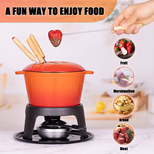 Cast Iron Fondue Pot Set Orange Enameled 1.6 Qt for Cheese (Orange)