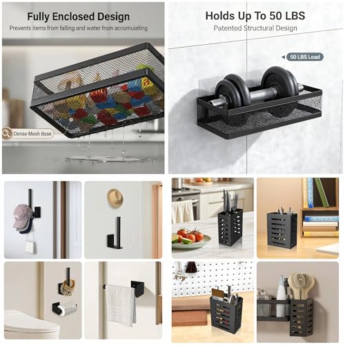 5-in-1 Wide Wall Mount Wrapped Mesh Kitchen Organizer & Shower Caddy Kit, with Paper Towel Holder, Utensil Holder, Soap Dish, Heavy Duty 50LBS - Matte Black, Netting (Matte Black / 5-in-1 Full Mesh (12.6" Wide))
