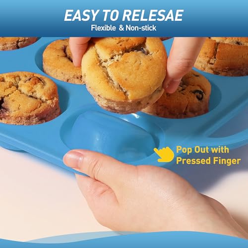 12 Cups Silicone Muffin Pan with Metal Reinforced Frame Regular Size Cupcake Pan Tray Egg Bites Silicone Circle Cookie Molds Muffin Tin Tray Tart Pans Kitchen Baking Mold Tools for Cooking (1pc: 12-Cup Regular / Blue)