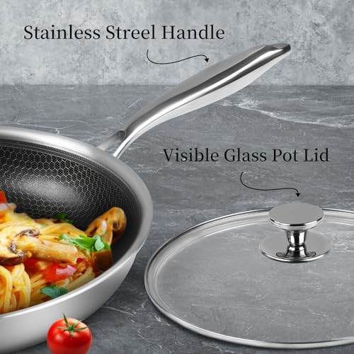Stainless Steel Frying Pan Nonstick Frying Pan with Lid 10 Inch Honeycomb Stainless Steel Skillet Woks Pan for Gas Electric Induction Ceramic Stoves and Oven (10 Inch With Lid)