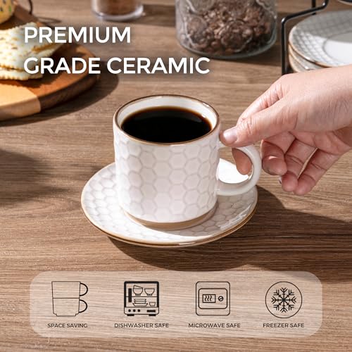 6 OZ Coffee Mugs with Saucer and Stand (Off-White / 6 Ounce (With Stand))