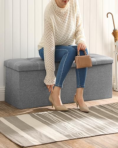 Ottoman Storage Bench (Light Gray + White / 15"D x 43"W x 15"H (without Flipping Lid))