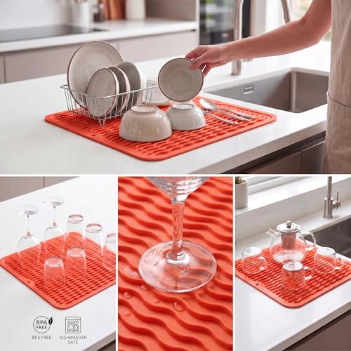 Silicone Dish Drying Mat for Multiple Usage (Orange / 12"L x 12"W)