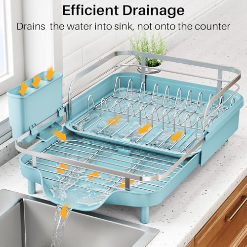 Expandable Dish Drying Rack for Kitchen Counter (Blue)