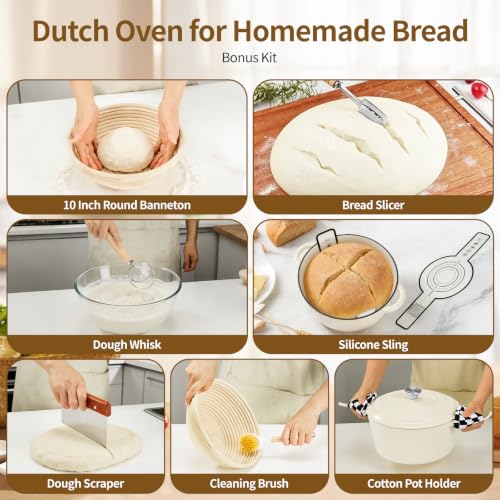 Enameled Cast Iron Dutch Oven pot 6.5 QT with Lid for Bread Baking (Cream White)