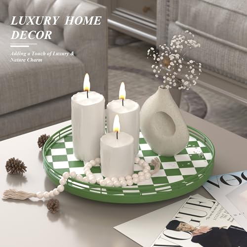 13 Inch Green and White Checkerboard Lazy Susan with Rubberwood Base (Green & White / 13 inches)