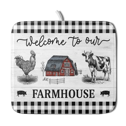 Farmhouse Barn Dish Drying Mat 16x18 Inch Cow Rooster Absorbent Microfiber Dish Drainer Rack Pad Bottles Protector for Kitchen Counter (farm barn / 16" x 18")