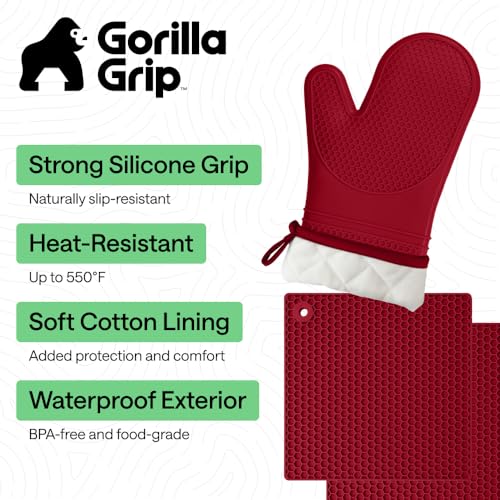 BPA Free Silicone Oven Mitts and Pot Holders Set (Red / 12.5" Oven Mitts + 7" Trivets)