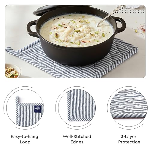 Oven Mitts and Pot Holders Set (Oven Glove + Pot Holder / Ticking Navy Blue)