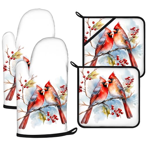 Red Birds Oven Mitts and Pot Holders Sets 4Pcs (Red Birds)