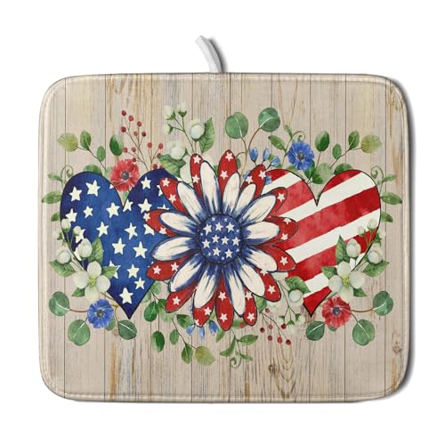 Independence Day Dish Drying Mat 16x18 inch Patriotic Love Heart Fast Dry Microfiber Dishes Drainer Rack Pad Kitchen Counter Accessories (Patriotic Floral Heart / 16" x 16")