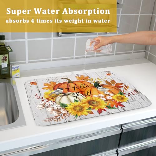 Hello Fall Dish Drying Mat for Kitchen Counter 18x24 Inch Orange Pumpkin Absorbent Drying Pad with Hanging Loop Autumn Home Decoration (Hello Fall Pumpkin / 18" x 24")