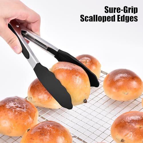 Kitchen Tongs with Silicone Tips for Cooking Serving (7in / Black)