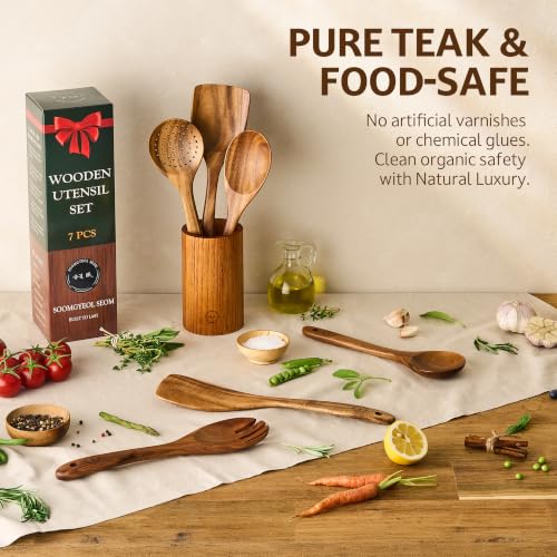 7 Piece Teak Wood Cooking Utensil Set with Holder (7 PCS Set)