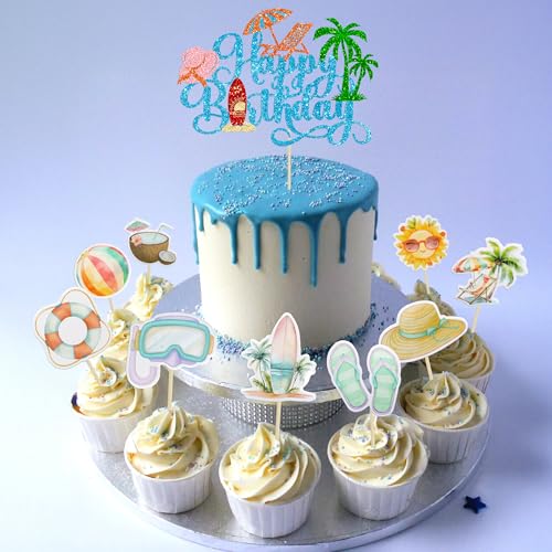37Pcs Summer Beach Pool Cupcake Toppers Glitter Beach Happy Birthday Cake Topper Ball Sun Umbrella Water Gun Cupcake Picks for Tropical Hawaii Theme Birthday Party Decorations Supplies Blue (Blue 3)