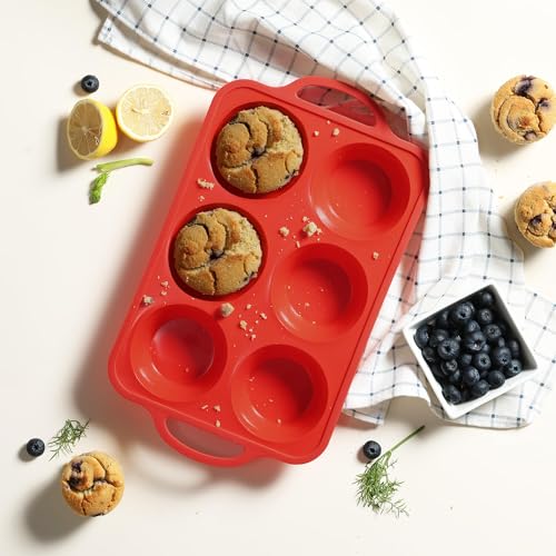 2 Packs 6 Cups Silicone Muffin Pan with Metal Reinforced Frame Jumbo Size Cupcake Pan Tray Egg Bites Silicone Circle Cookie Molds Muffin Tin Tart Pans Large Big Baking Sheet Set for Breakfast (2pc: 6-Cup Jumbo / Red)