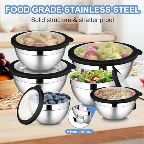 Stainless Steel Mixing Bowls with Transparent Airtight Lids Set of 6 (12 Count)