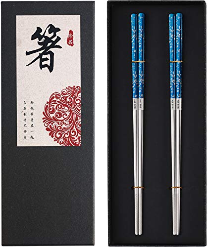 Titanium Plated Chopstick Stainless Steel Chopsticks Metal Chopsticks Reusable Dishwasher safe Premium Laser Engraved Chop Sticks for Eating 2 Pairs Gift Set Blue Silver (Blue silver)