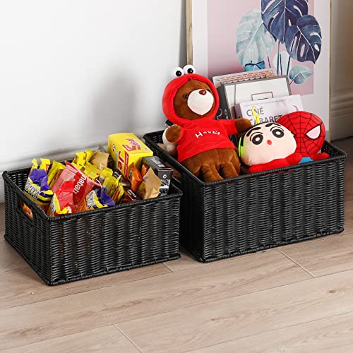 Large Wicker Baskets for Storage (15 x 12.8 x 7.5 inches / Black)