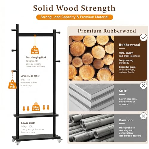 Coat Rack Freestanding Solid Wood Clothes Rack with Wheels