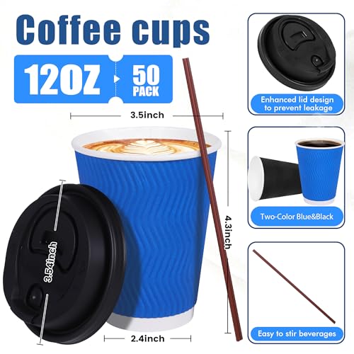 12 oz Disposable Paper Coffee Cups with Lids & Straws