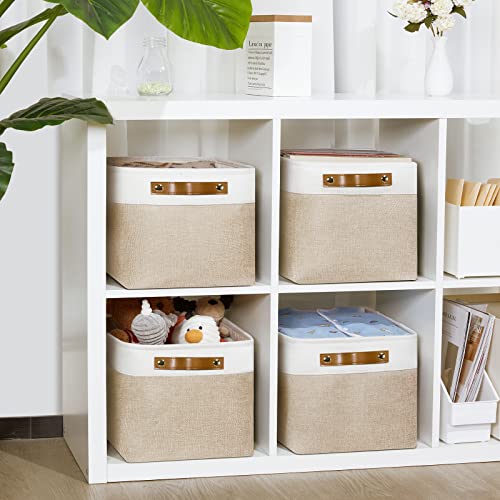 Fabric Storage Bins for Laundry (White&Khaki / L-15"x11"x9.5")