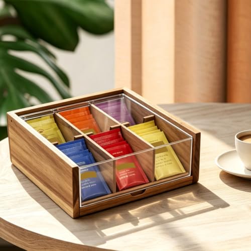 Acacia Wood Tea Bag Organizer Storage Box with 6 Compartments (Compact-Acacia Wood)