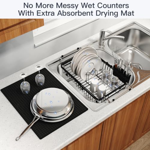 Expandable Dish Drying Rack Over Sink with Extra Drying Mat (Black / For 13"-30" W Sink with Mat)