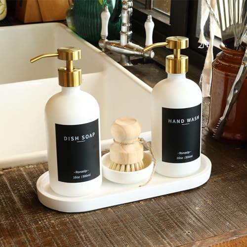 Set of 5 Kitchen Soap Dispenser Set 16 Oz Glass Hand Dish Soap Dispenser with Stainless Steel Pump (White)
