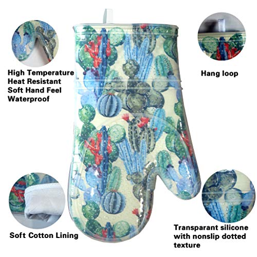 Oven Mitts with Transparent Clear Silicone Shell and Nice Cacturs Flower Printing (Oven mitts / Cactus Flower)
